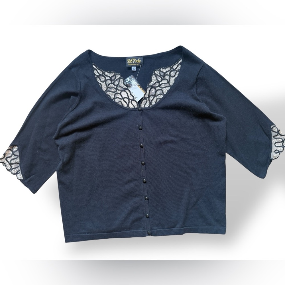 Bob Mackie Womens Tops‎ 1x Button Up Wearable Art Black Floral Embroidered Lace